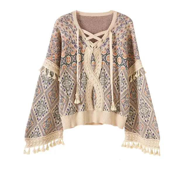 Twist Jacquard Tassel Drop Shoulder Sweater Jacket Floral - Shop at LoveMi