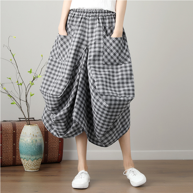 Loose Cotton Linen Plaid Elastic Waist Lantern Skirt Black Grid - Shop at LoveMi