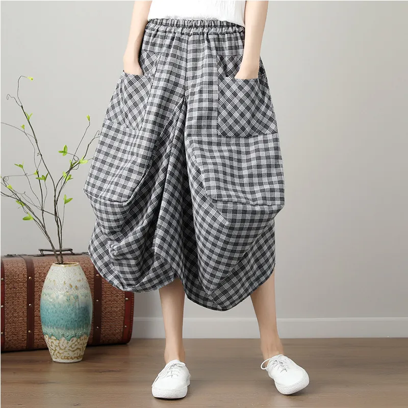 Loose Cotton Linen Plaid Elastic Waist Lantern Skirt - Black Grid