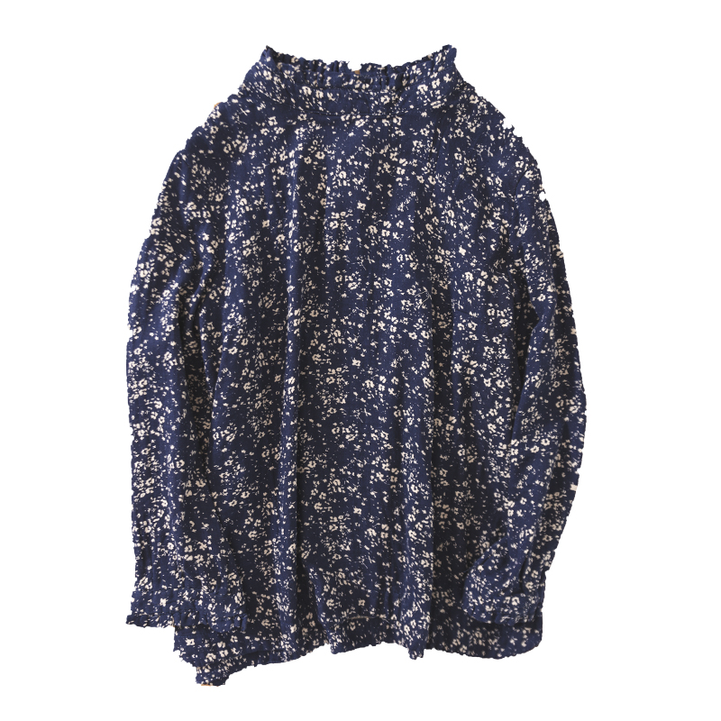 Loose Lace Stand-up Collar Floral Full Print, Shirt