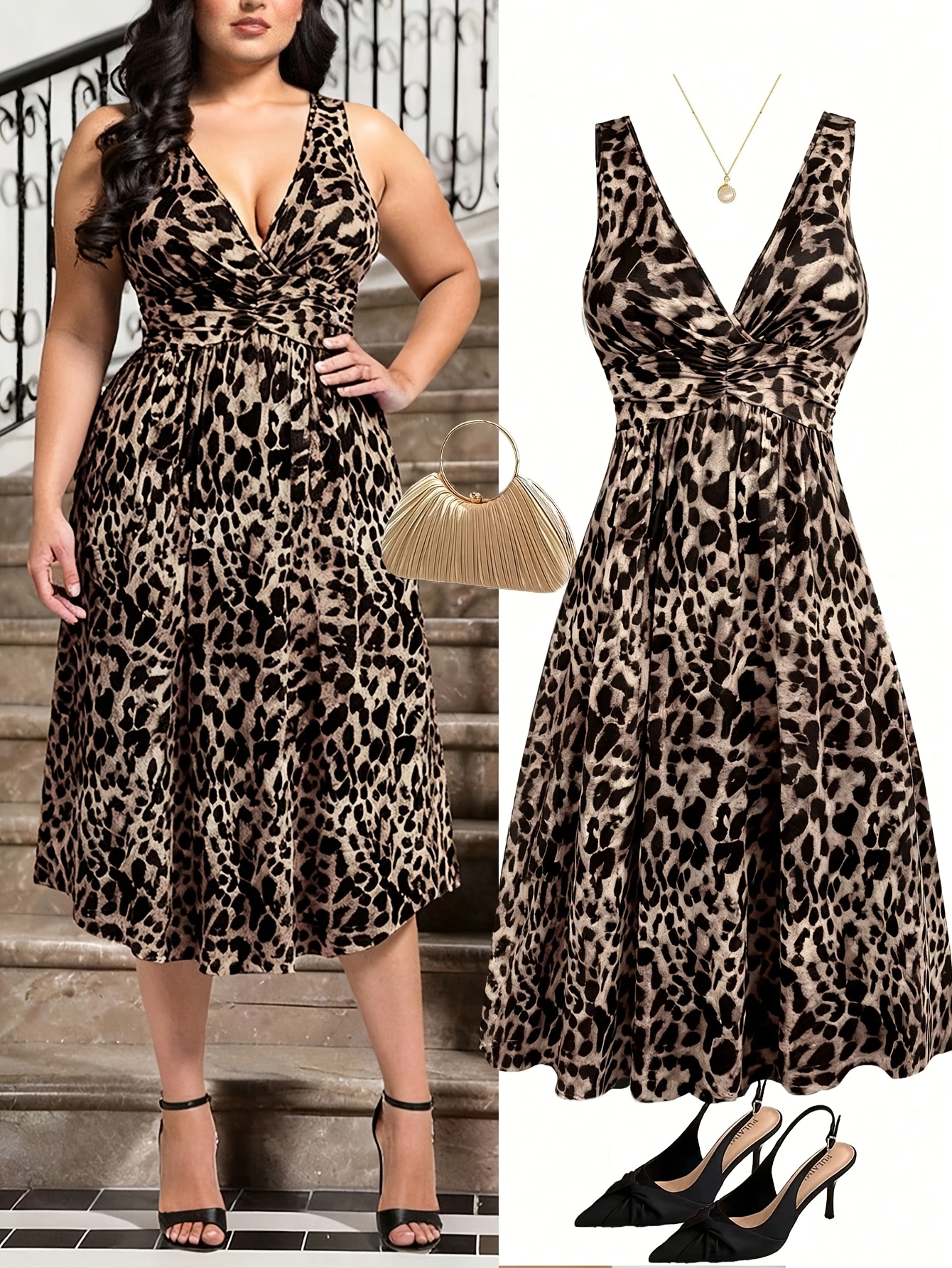 2026 New Plus-Size Women's Elegant Bohemian Print V-Neck Waist Pleated Knit Dress