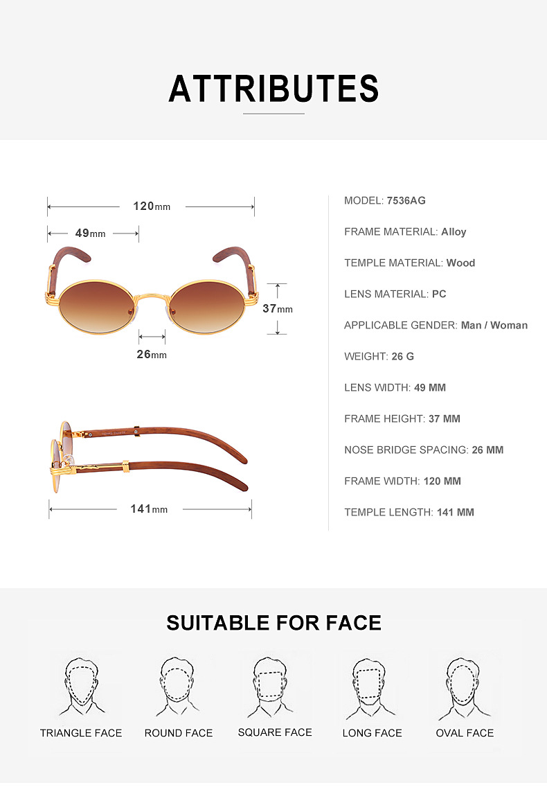 Title 1, Retro Wood-like Sunglasses with Small Round Frame