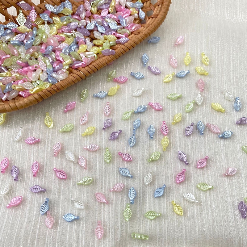 ABS Pearl Mini Leaf Charms, Pastel Iridescent Top-Hole Beads For DIY Hanfu Pendant Drops, Earrings & Jewelry Making.