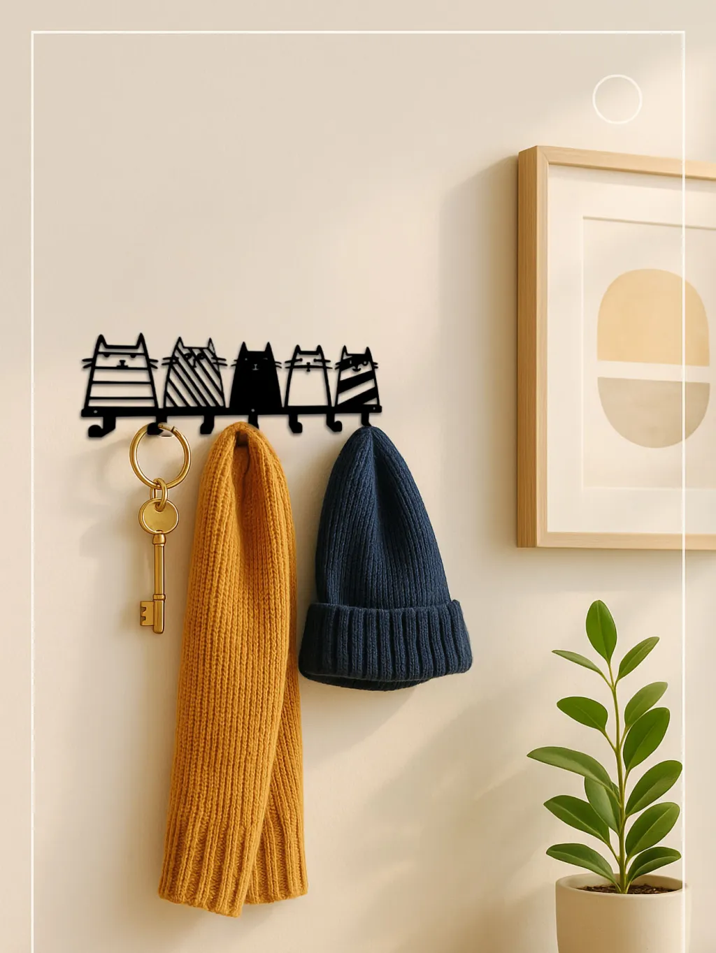 Feline Utility Hooks Wall Organiser W Hooks - Space-Saving Pet Lover Key Rack - Look At The Picture