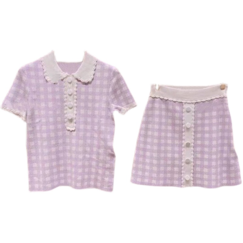 Plaid Doll Collar Lace Sweet Short-sleeved Sweater A Line Skirt