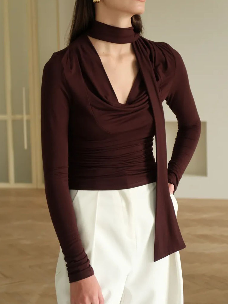 Ribbon V-neck Scarf Long-sleeved Base Shirt - Image 3