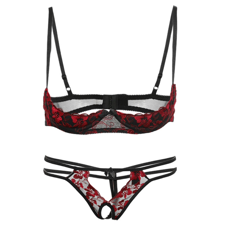 Title 1, Embroidered Rose Pattern Bra Low Waist Panty Set