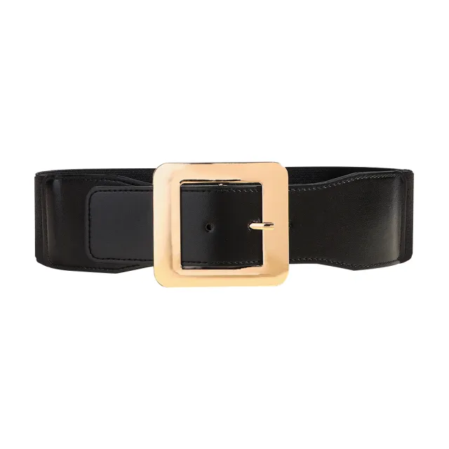 Retro Women's Metal Square Buckle Elastic Elastic Belt Simple Black Needle Buckle Everything Wide Waist Seal Senior Belt Black - Shop at LoveMi