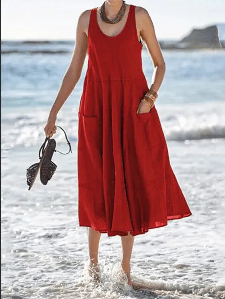 Multi layer Cotton And Linen Sleeveless Long U neck Pocket Dress Red - Shop at LoveMi