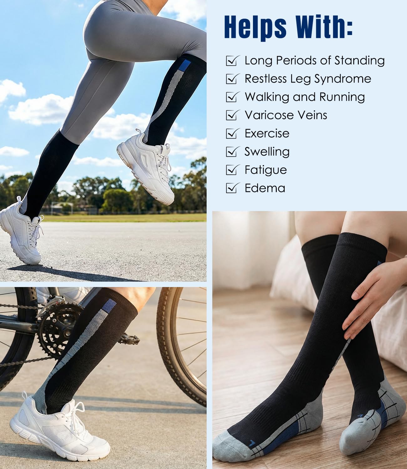 Compression Socks For Women Men Circulation 20-30 MmHg, Wide Calf Stockings For Athletic Running, Cycling, Travel, Medical, Daily Wear, Blue Black  Grey Black  Green — foto 3
