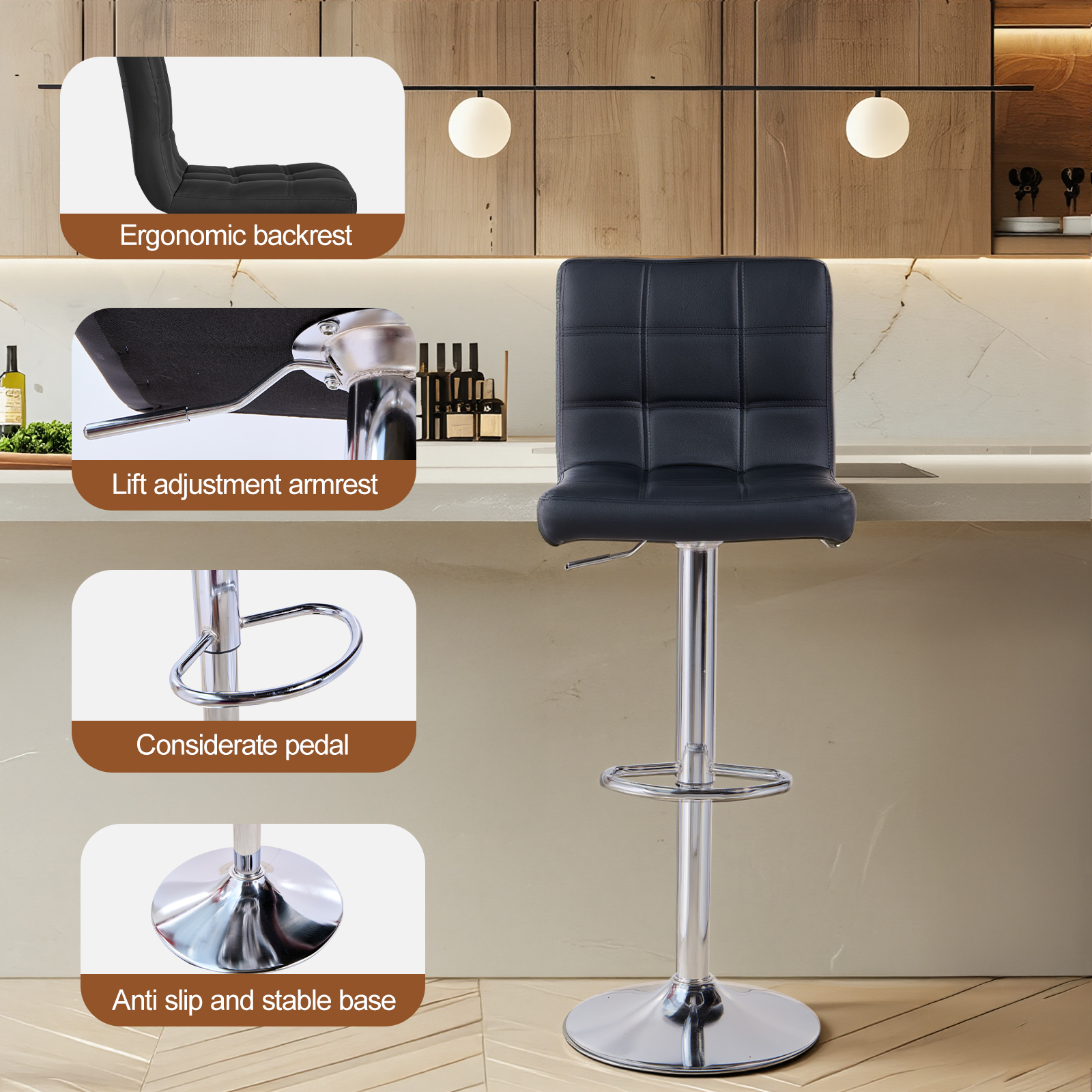 A Set Of 2 Bar Stools, PU Leather Height Rotatable Kitchen Stool, With Backrest — image 2