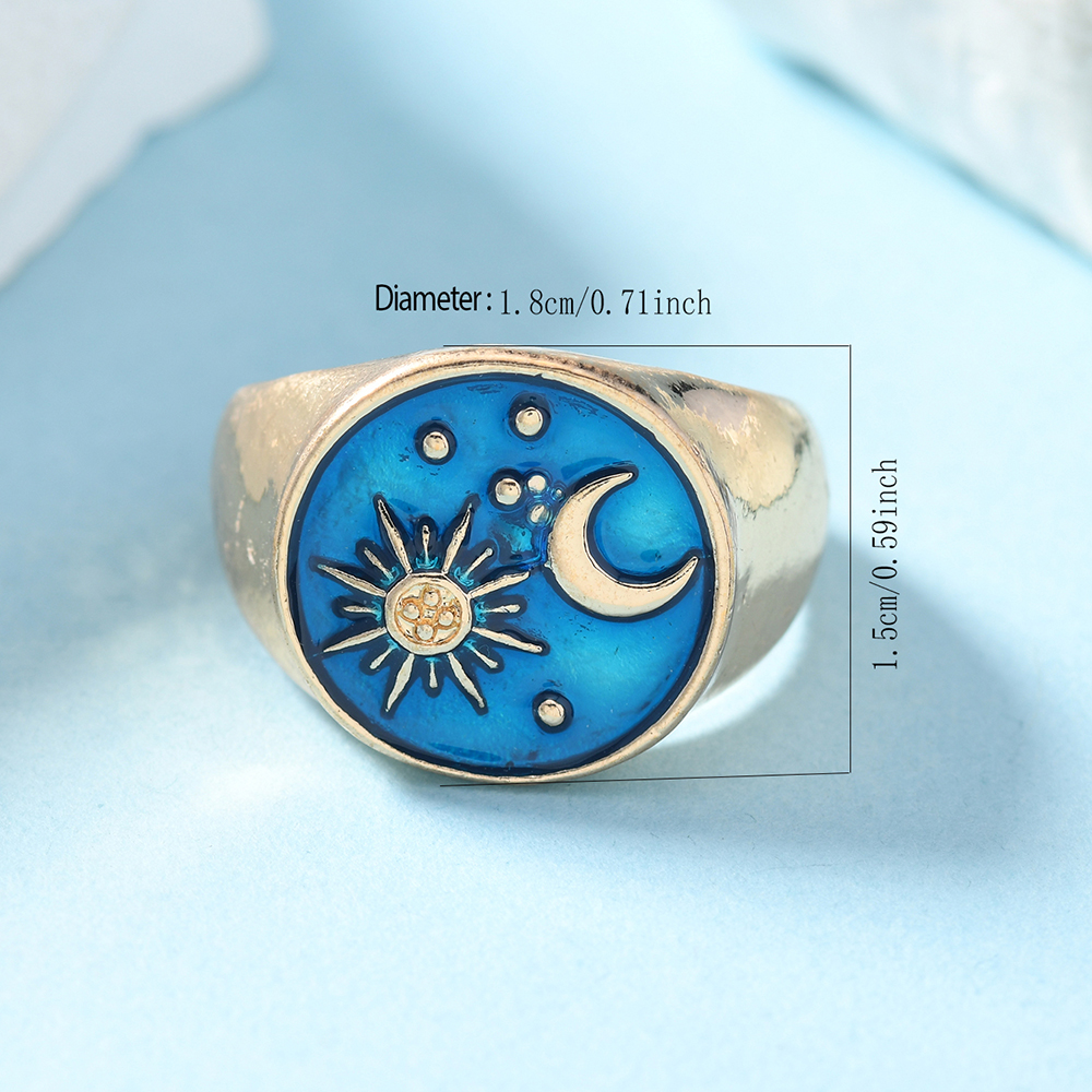 1 Piece Zinc Alloy Sun Moon Star Ring, Blue Enamel Adjustable Open Ring For Women, Trendy Celestial Jewelry