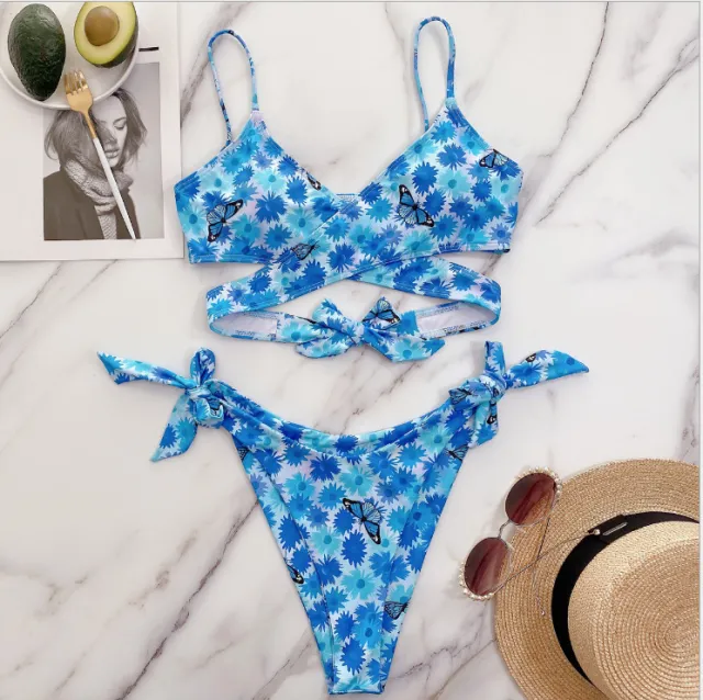 Ladies Fashion European And American Back Bikini Swimsuit Blue - Shop at LoveMi