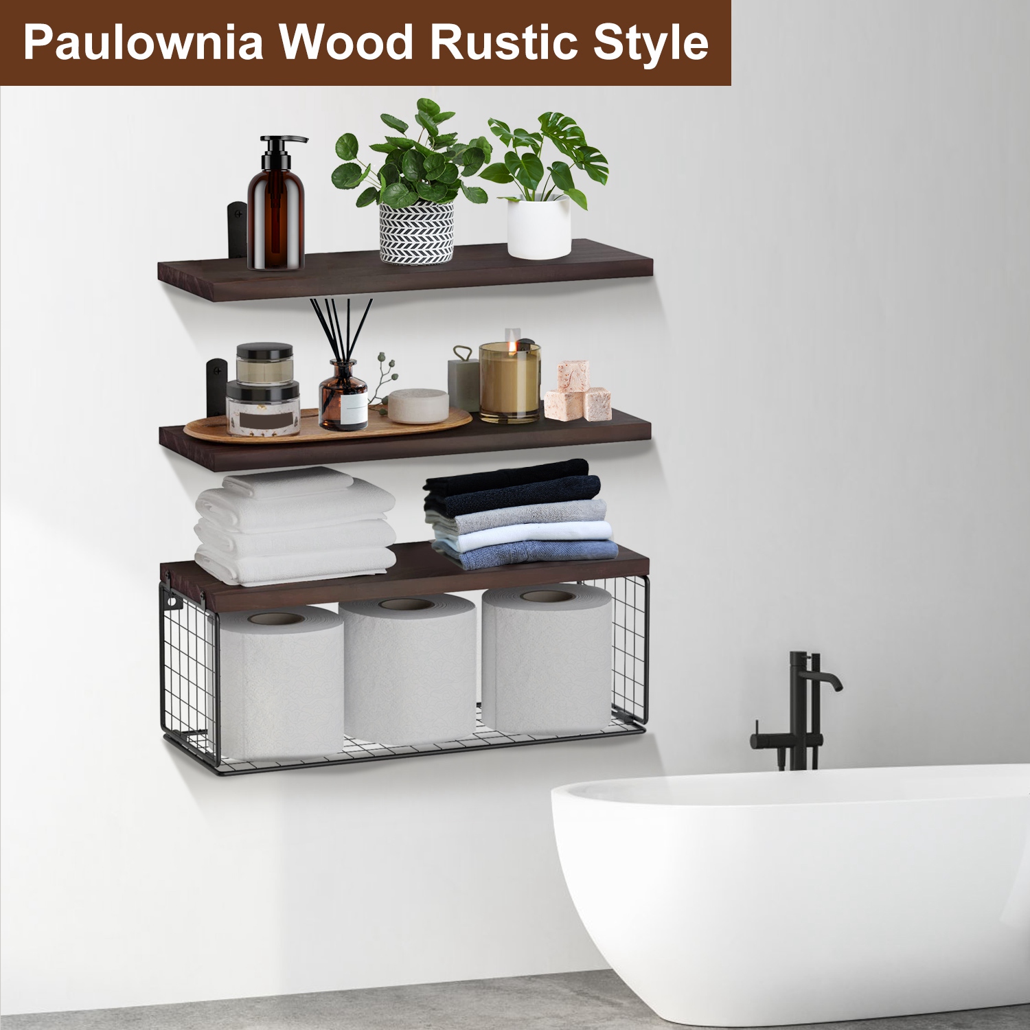 2 Tier Floating Wall Shelves with Storage Basket Wooden Bathroom Kitchen Bedroom