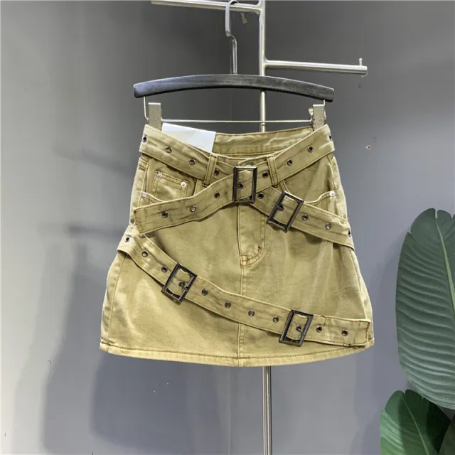 Design Denim Skirt With Black Straps Yellow - Shop at LoveMi