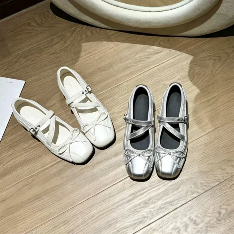 Retro French Square Toe Ballet Shoes, 5CM Height Increasing Shallow Mouth Casual Mary Jane Bow Flat Shoes For Women