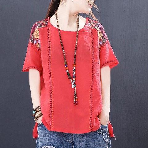 Literary Small Floral Embroidery Cotton And Linen T-shirt