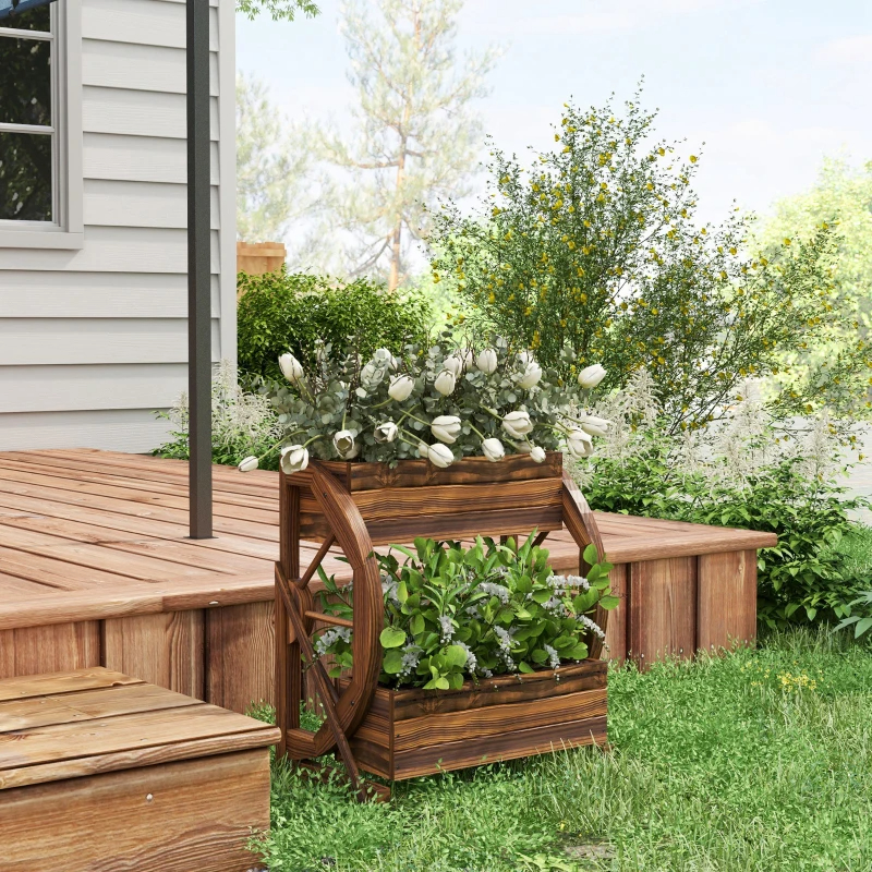 Outsunny Wooden Wagon Planter Box, 2-Tier Raised Garden Bed, For Vegetables Flowers Herbs,