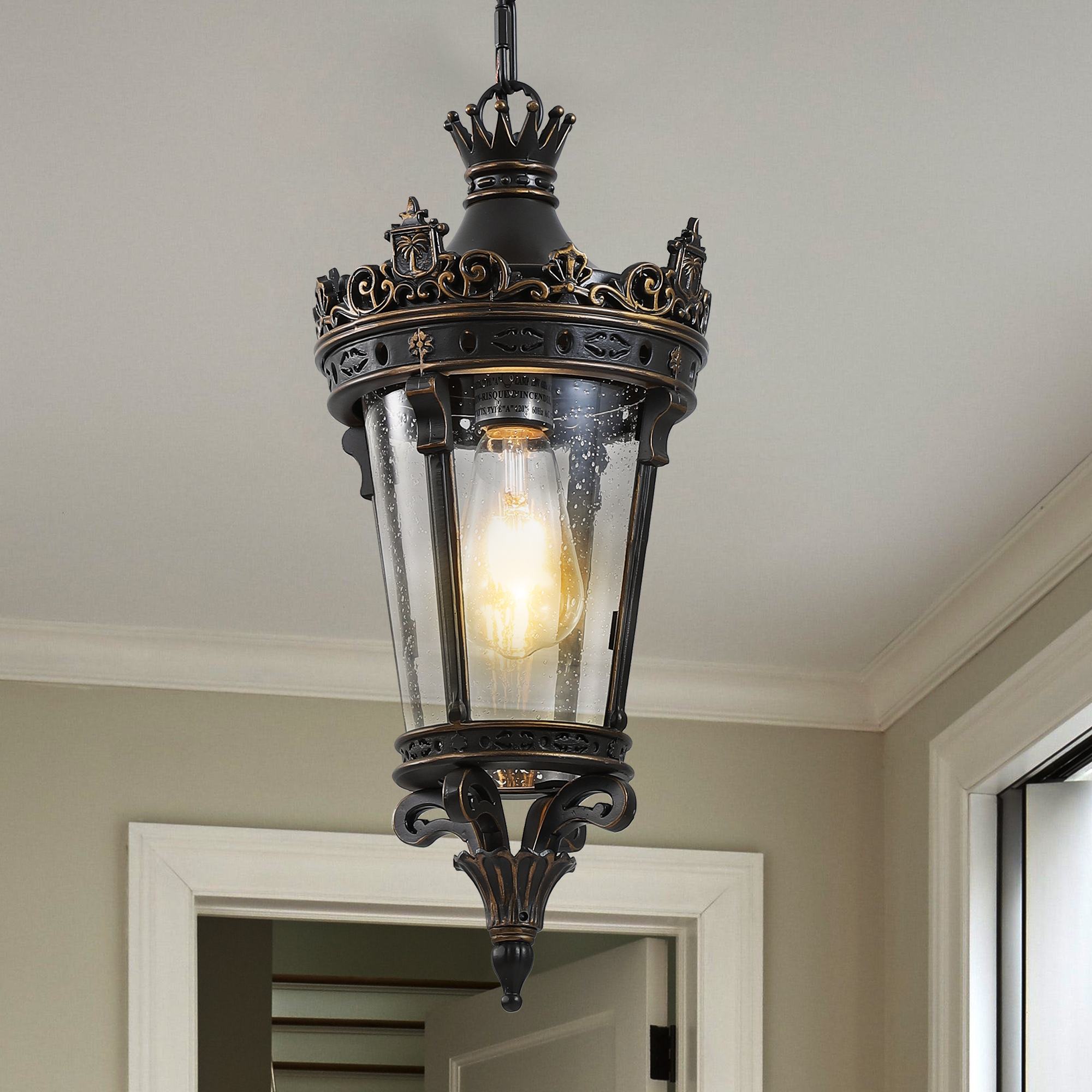 18 H Antique Crown Outdoor Hanging Lantern, Waterproof Vintage Pendant Light With Ornate Metal Design And Clear Glass For Patio, Garden, Porch, Entryway Lighting One Piece&No Bulb