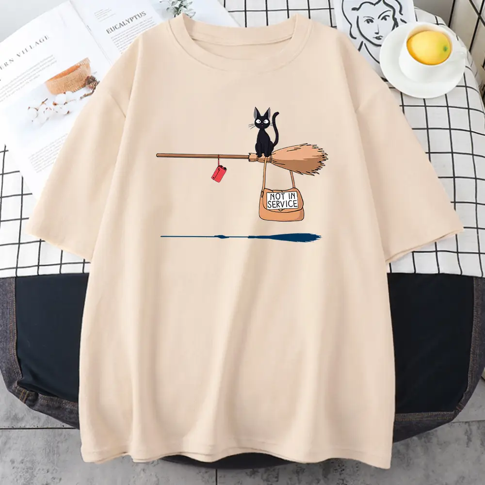 Black Cat Suspended Service Text Pattern Short Sleeve T-shirt Riding Broom
