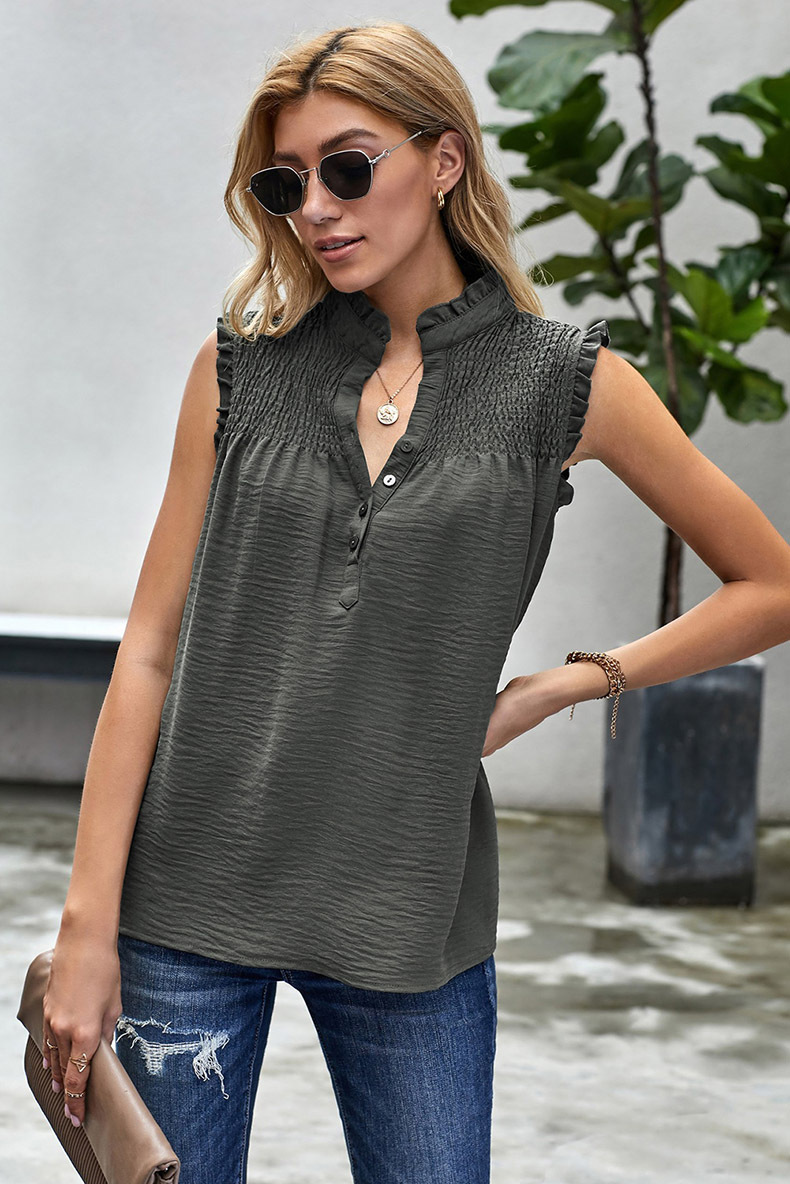 Title 12, Summer New High-neck Button Frill Loose Casual Top