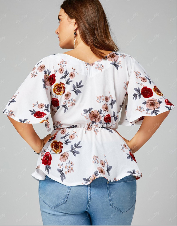 Oversized Printed Lace-up Flared Sleeve Pearl Chiffon Shirt