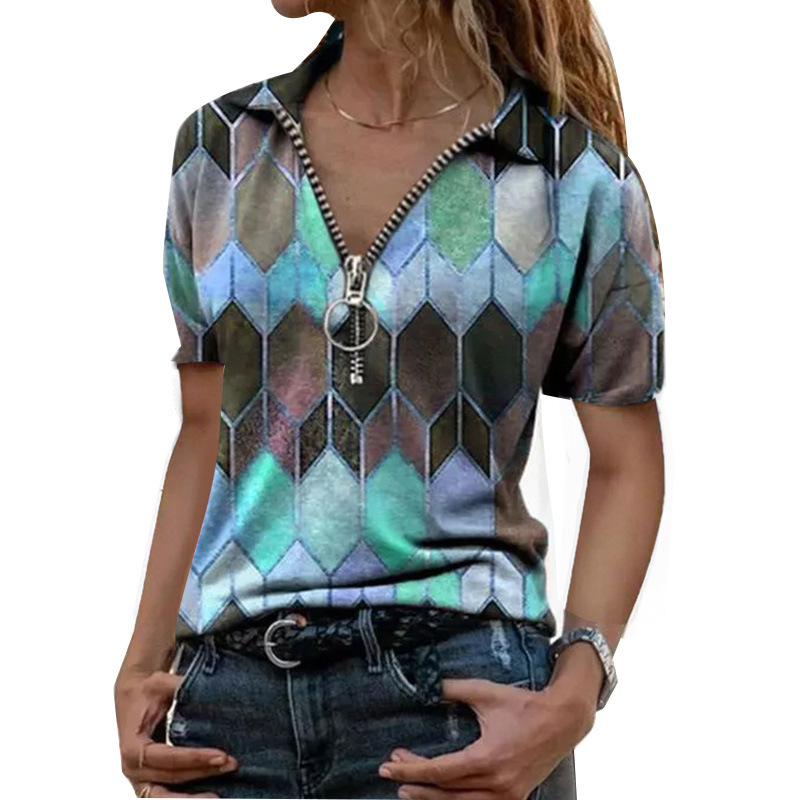 Large Size Women's Slim Fit V-neck Women's Top Printed Zipper T-shirt Lapel Short-sleeved T-shirt Women