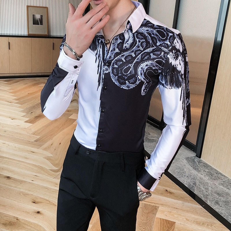 Fall Men's Personality Digital Print Shirt Slim Floral Shirt