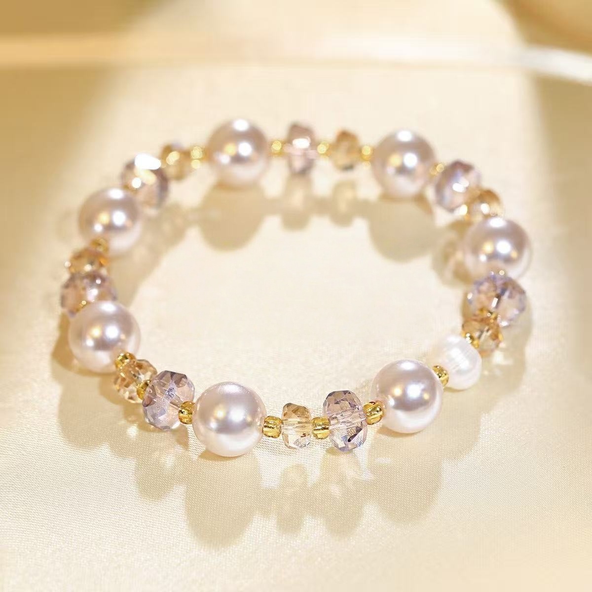 Brățară cu perle naturale de apă dulce Light Amethyst Champagne Crystal Two Tone Beaded Chain Elegant Jewelry For Women