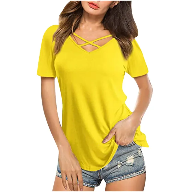 Front Cross VNeck Short Sleeve Loose TShirt Women Yellow - Shop at LoveMi
