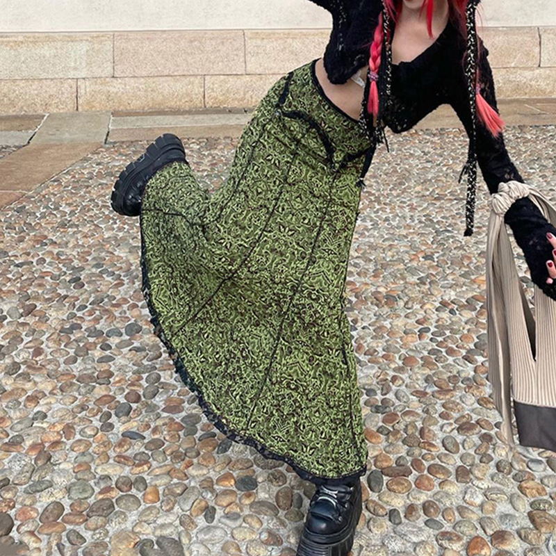 Women's Vintage Print Lace Trim Irregular Skirt