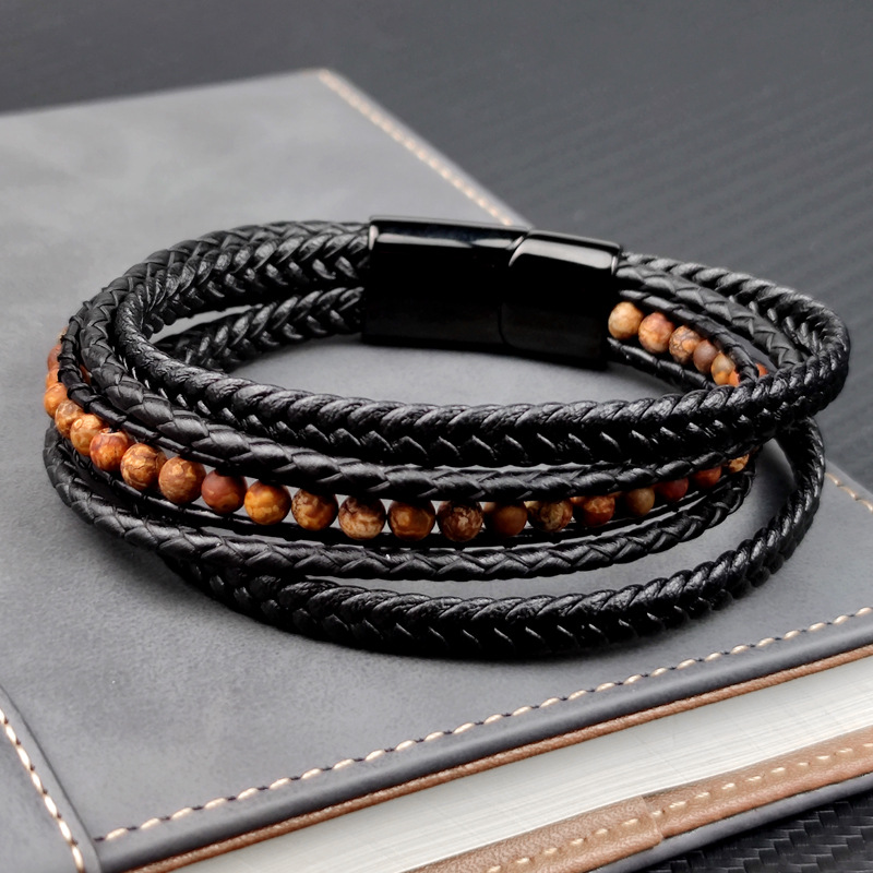 Hand Braided Leather Stainless Steel Multilayer Men's Bracelet