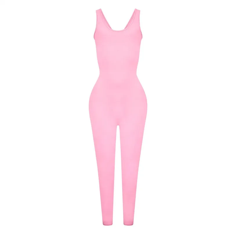 Low Neck Skinny Sleeveless Elastic Waist Solid Color Sports Fitness Jumpsuit - Pink