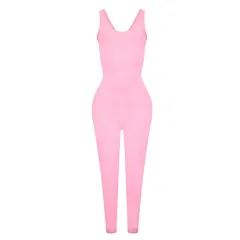 Low Neck Skinny Sleeveless Elastic Waist Solid Color Sports Fitness Jumpsuit - Pink - View 1