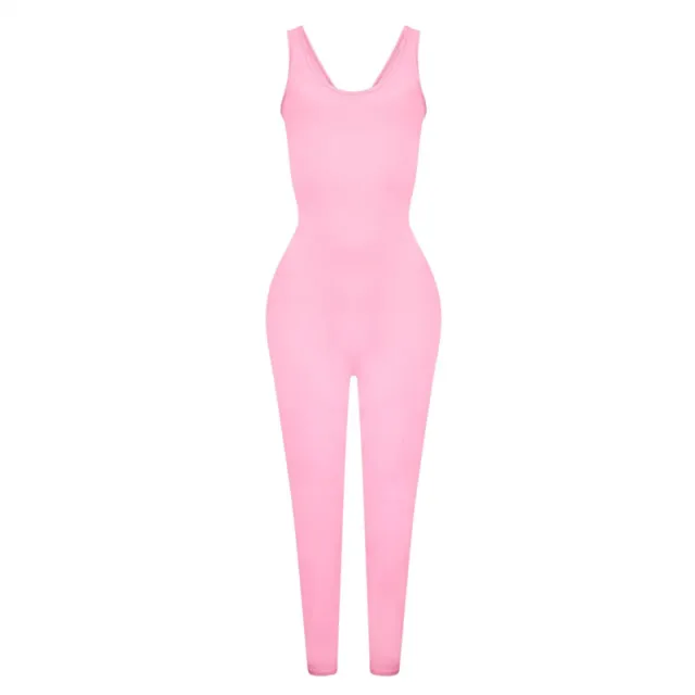 Low Neck Skinny Sleeveless Elastic Waist Solid Color Sports Fitness Jumpsuit Pink - Shop at LoveMi
