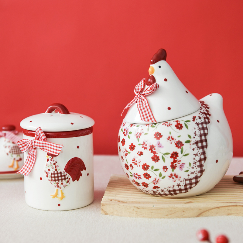 Ins Style Tableware Red Small Floral Chicken Ceramic Sealed Can - Image 4