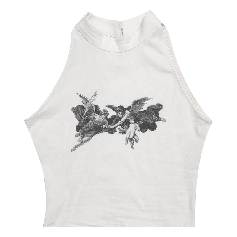 Girly Flame Retro Angel Print Sleeveless Turtleneck Spice T-Shirt