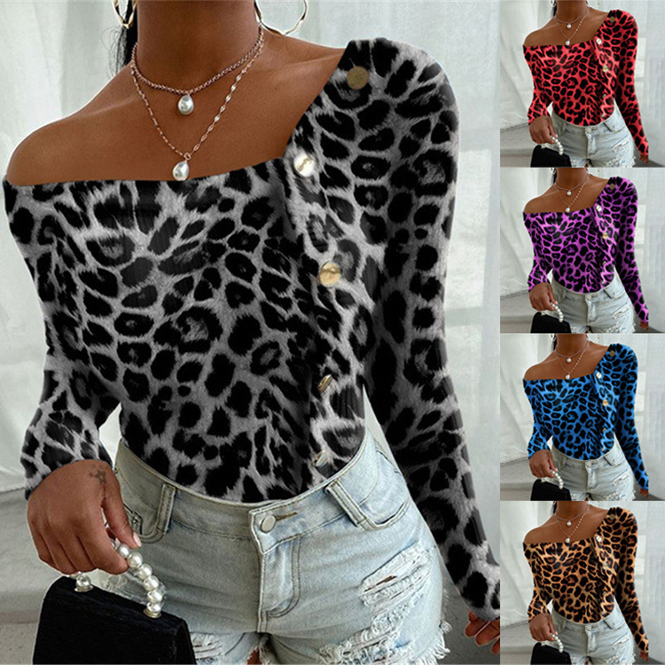 Fashion Leopard Print Off Shoulder Long Sleeve Top