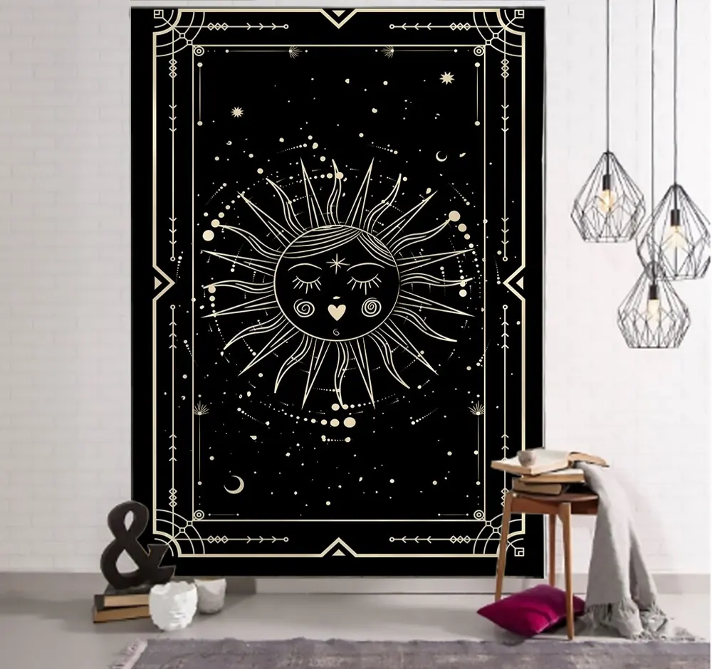 Witchcraft Tarot Tapestry Wall Hanging Black Khaki Sun Moon