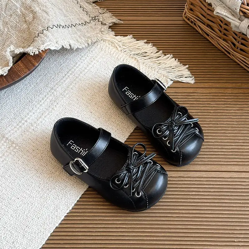 Children's Shoes Korean Version Girls' Soft Soled Bow Princess Single Shoes Mid Size Girls' Leather Shoes Trend