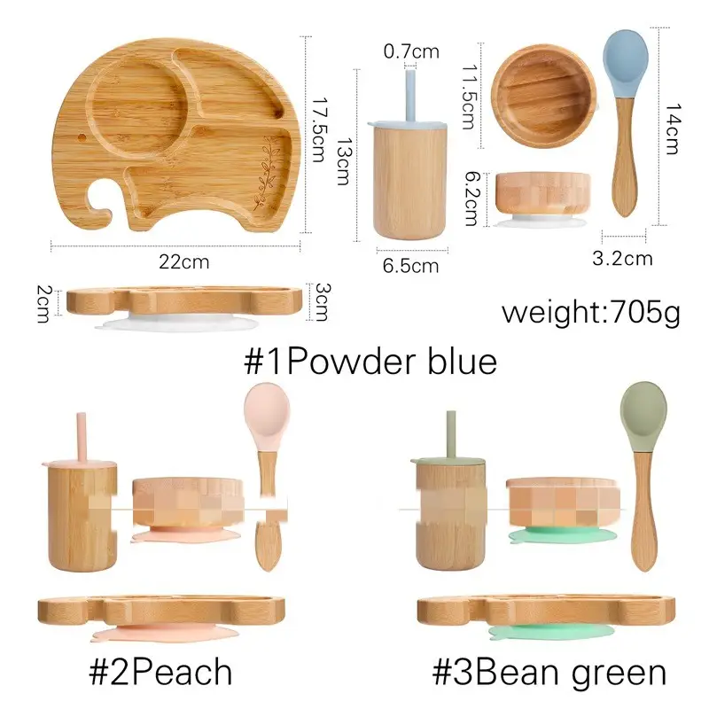 Children's Elephant Suction Cup Dinner Plate Round Bamboo Bowl Four-piece Set