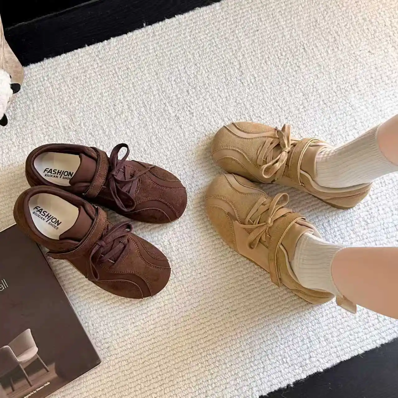 Lace Up Spring Niche Velcro De Training Shoes Casual 2026 Streetwear Ballet Shoes Flat Retro New Versatile Women Shoes