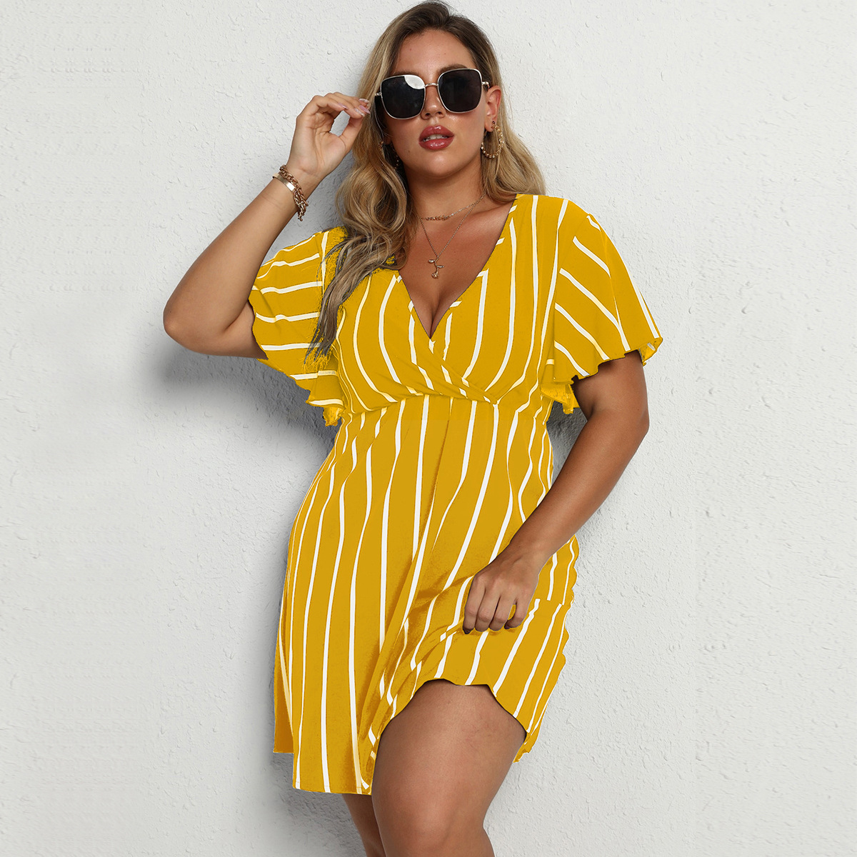 Plus Size Women's Loose V-Neck Patchwork Striped Dress