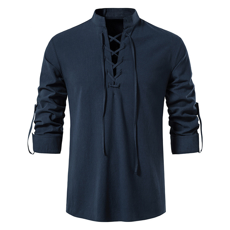 Men's Cotton Linen Long Sleeve Casual Stand Collar Shirt