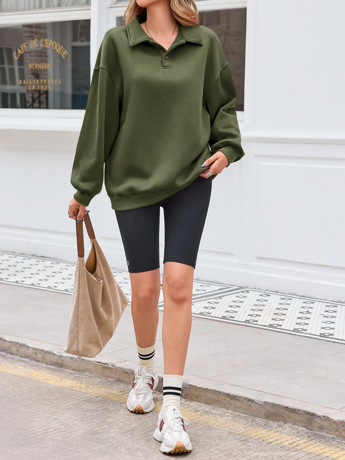 Fisoew Women Collared V Neck Sweatshirt Casual Oversized Long Sleeve Fashion Pullover Tops