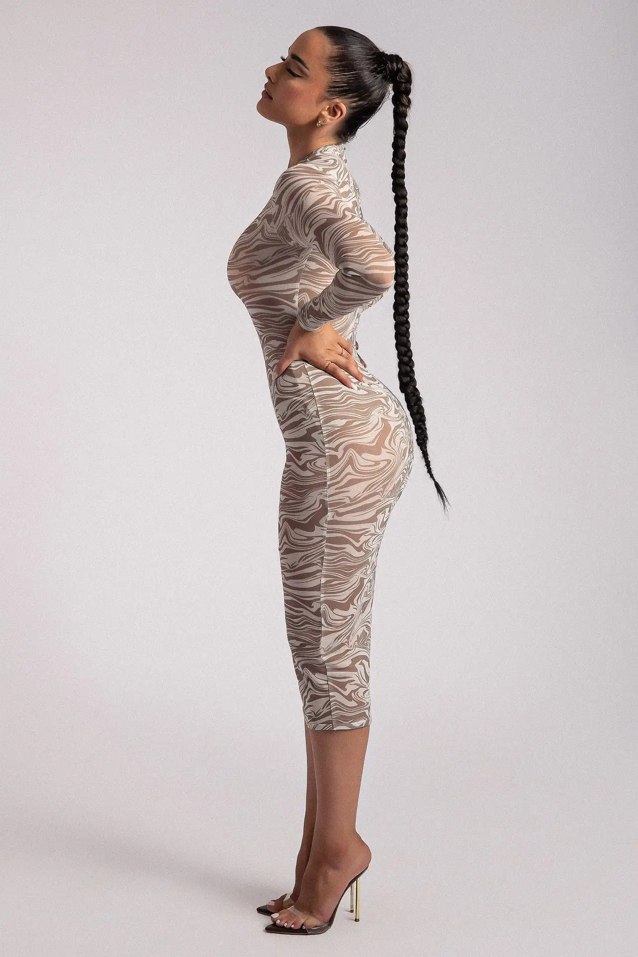 Long Sleeve Printed Leopard Print Transparent Midi Skirt