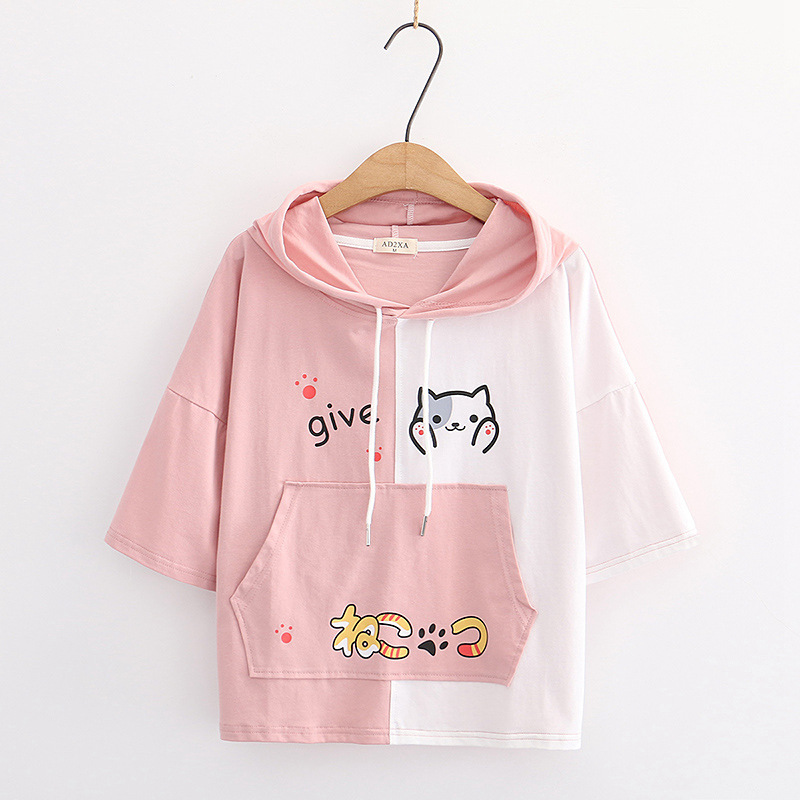 Title 3, Japanese cartoon print loose hooded short sleev...