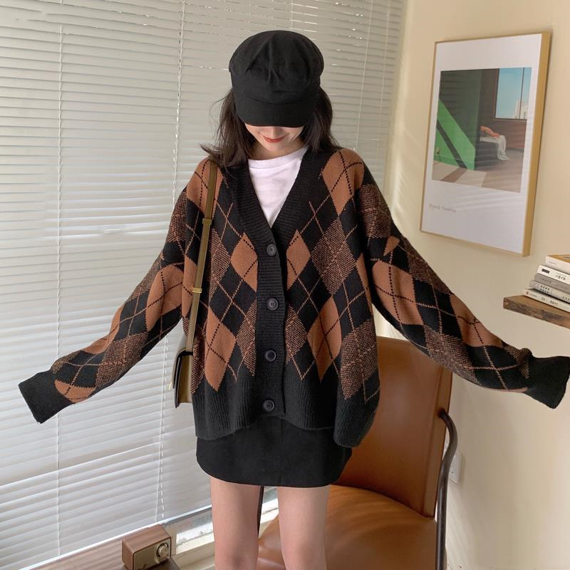 Japanese Retro Diamond V-neck Cardigan Jacket