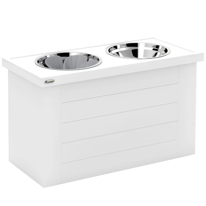PawHut Elevated Dog Bowls With Slow Feeder Mat, Storage Cabinet, 3 Stainless Steel Bowls For Large & Extra Large Dogs, White