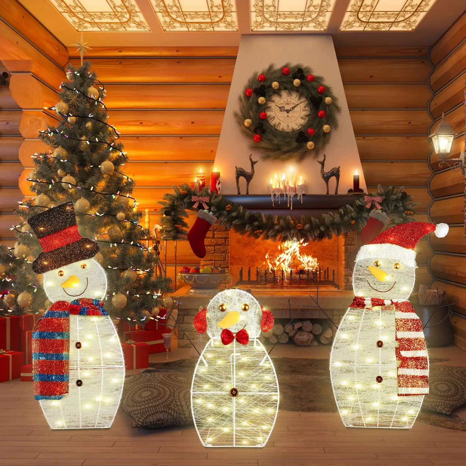 3Pcs 2D Christmas Snowman Yard Decoration Snowman Family Outdoor Decoration With 60Pcs LED Warm Yellow Lights IP44 Waterproof For Christmas Indoor Outdoor Holid